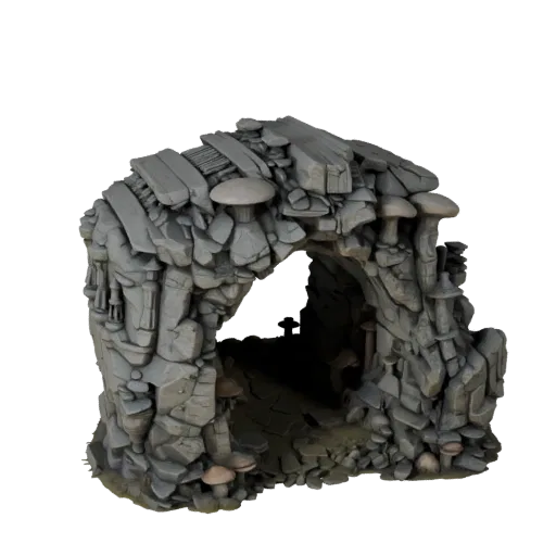 Mushroom Cave Grotto Unreal Engine 3D model, top-down viewport view, showing aged stone, layered vegetation clusters.