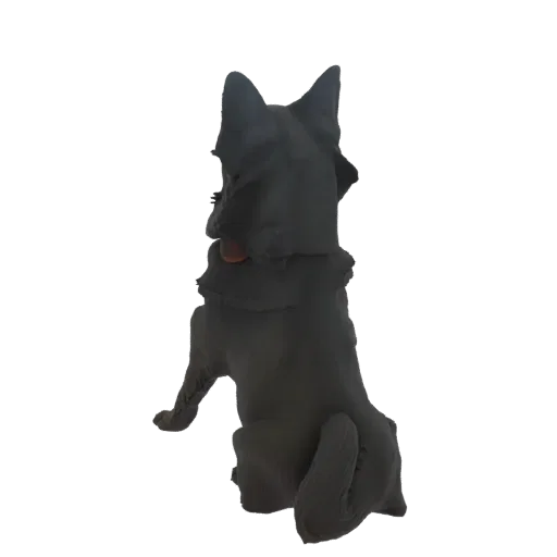 3D model of a black German Shepherd dog sitting, viewed from the back with its head turned slightly.