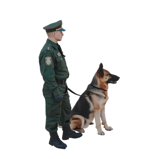 3D-Modell eines Grenzschutzbeamten in grüner Uniform neben einem Deutschen Schäferhund.