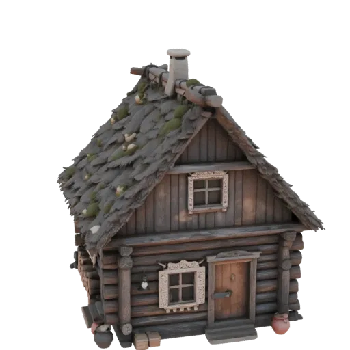 3D model of a rustic Slavic izba wooden house with a steep, mossy thatched roof and carved window frames, set against a white