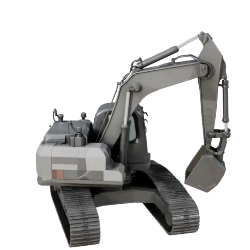 Low Poly Raupenbagger 3D-Modell, Drei-Viertel-Spiel-Viewport, Low-Poly-Fahrzeug-Asset mit Kettenbasis, Auslegergeometrie, Sch