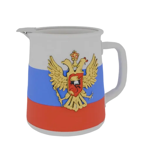 3D model of a jug with Russian Coat of Arms and flag, side handle, on black background