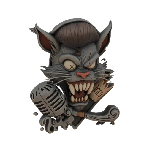 3D model of a grumpy grey punk cat with a rockabilly hairstyle, sharp teeth, and a vintage microphone, against a black background.