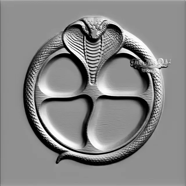 3D model of an embossed medallion featuring a cobra coiling around a central Celtic knot pattern in bas-relief style.