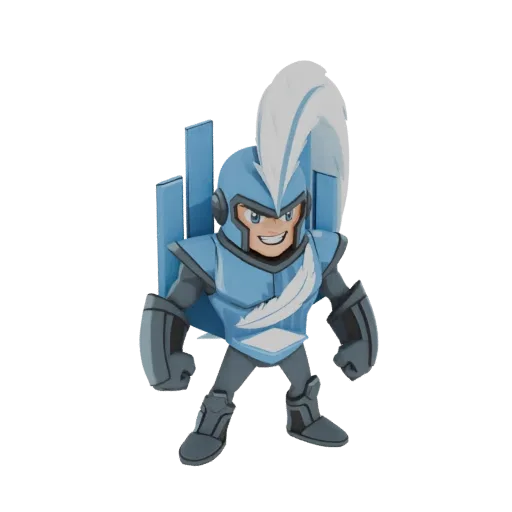 3D model of a cartoonish Sky Knight character with blue armor, a feathered emblem, and a jetpack, standing confidently.
