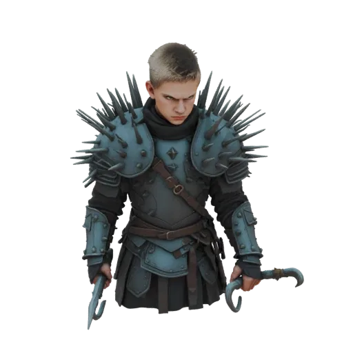 3D model of a menacing warrior knight with spiked armor and dual blades, looking forward with a stern expression.