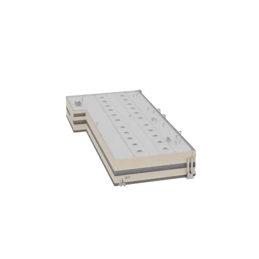 Modèle 3D d'un bâtiment d'entrepôt industriel moderne avec toit plat et unités CVC visibles.