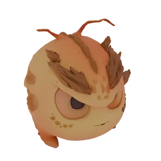 A 3D render of a grumpy orange creature with brown spikes and large eyes, set against a white background.