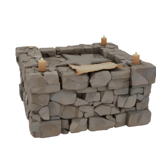 3D render of a weathered stone altar with a central star carving, a rolled scroll, and four candles on its surface, set again