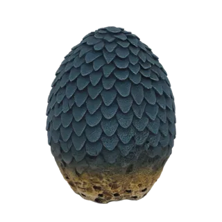 A 3D model of a dragon egg with dark blue scales and a rough, earthy base, set against a white background.