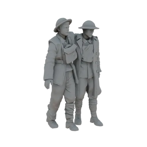 3D model of two WWI soldiers, one supporting a wounded comrade, with detailed uniforms and equipment.