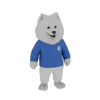 3D-Modell eines weißen Samojeden-Hund-Maskottchens in einem blauen Pullover mit weißem Blatt-Logo, stehend und lächelnd.