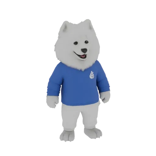 Modelo 3D de un perro Samoyedo blanco con suéter azul y logo de hoja blanca, de pie y sonriendo.