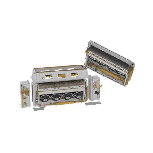 3D model of an industrial air conditioning unit with visible fans, coils, and yellow piping, set against a white background.