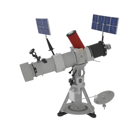Research Telescope Printable 3D model, isometric STL render, showing metal tubes, optical alignment.