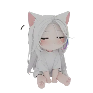 3D model of a cute chibi cat girl with white hair and cat ears, sitting down with eyes closed and a gentle blush.