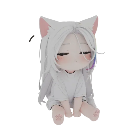 3D model of a cute chibi cat girl with white hair and cat ears, sitting down with eyes closed and a gentle blush.