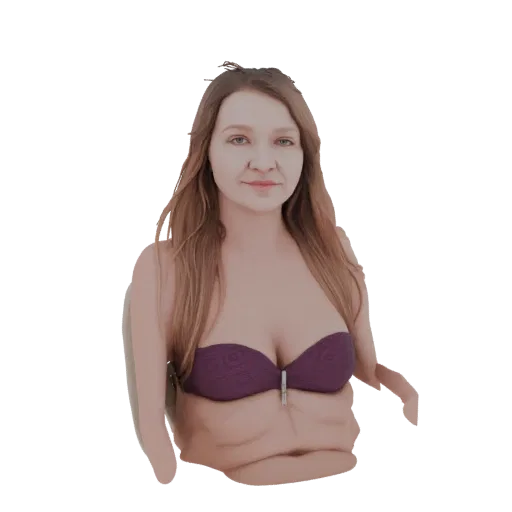 Modello 3D di donna con lunghi capelli castani e bikini viola, in posa frontale.