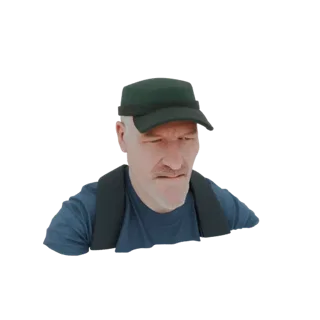 Modelo 3D de um homem usando um boné verde e uma camiseta azul, olhando para baixo com uma expressão preocupada.