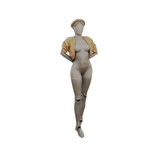 3D model of a stylized female mannequin wearing a light brown cropped jacket and a matching beret, with hands behind its back