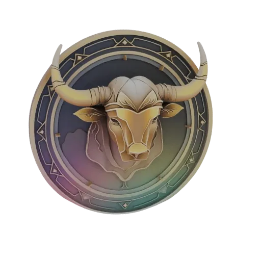 3D model of the Taurus zodiac sign emblem, featuring a golden bull's head within a decorative circular frame with a gradient