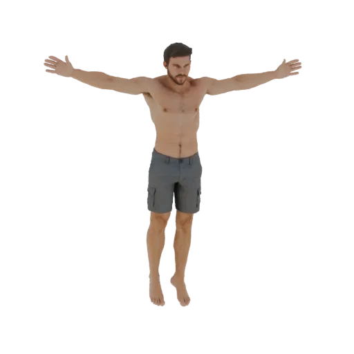 3D model of a man wearing gray swim trunks with arms outstretched, against a white background.