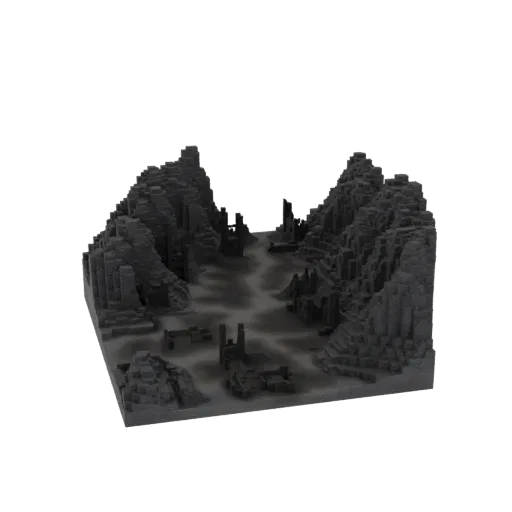 3D model of a dark, ruined cityscape with jagged rock formations and crumbling buildings, set against a white background.