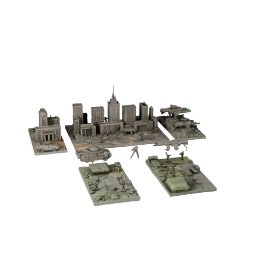 Anteprima modello 3D stampabile STL Vignetta Battaglia Urbana, parti, angolo di visualizzazione a tre quarti, profondità e sc