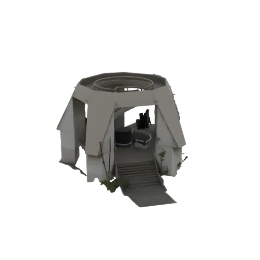 3D model of a futuristic entrance structure with geometric walls, a circular top opening, and stairs leading to an entryway.