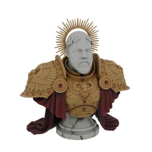 3D render of a detailed Imperial Emperor bust with golden armor, red cape, laurel wreath, and radiant halo, on a marble base.