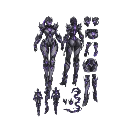 Modello 3D di un set di armatura futuristica per guerriera femminile in cromo scuro con accenti energetici viola luminosi, mo