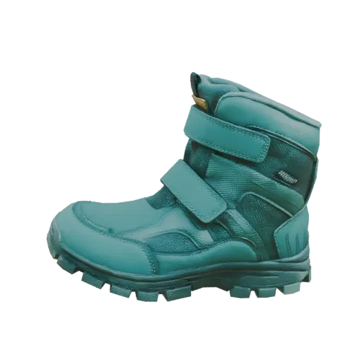 Modèle 3D d'une botte d'hiver turquoise avec deux sangles velcro et une semelle robuste, isolé sur fond blanc.