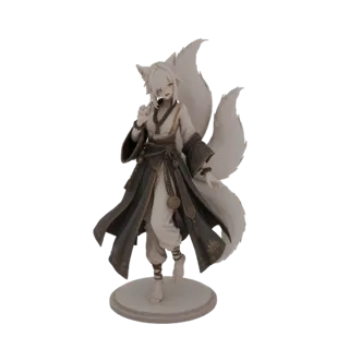 3D model of a white-haired Kitsune fox spirit with nine fluffy tails, wearing traditional Japanese clothing, in a graceful po