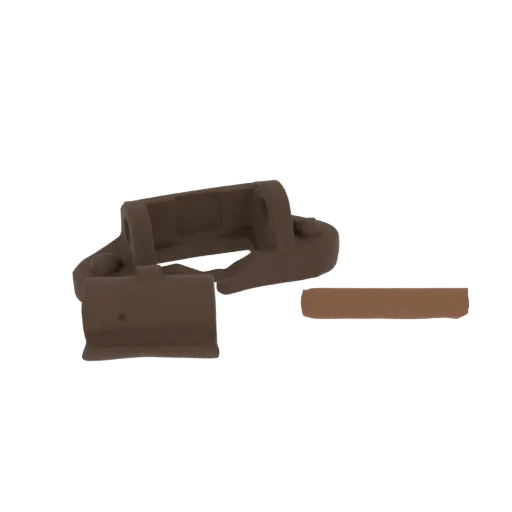 A 3D render of a brown leather holster and a separate magazine clip against a black background.