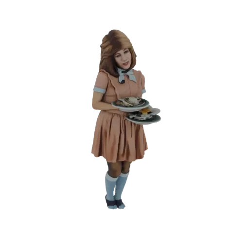 3D model of a retro diner waitress in a pink uniform, holding a tray with food, with a vintage hairstyle.