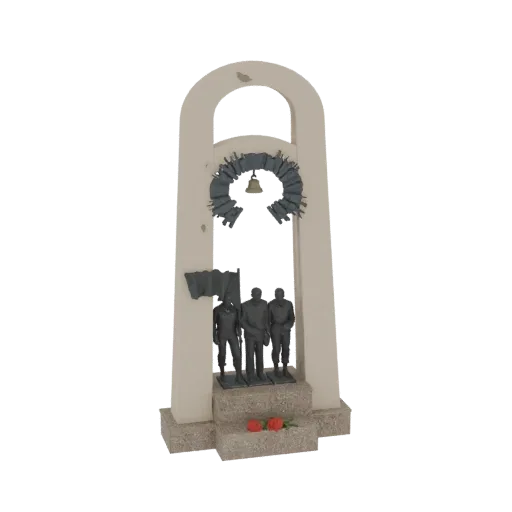 3D model of a monument to fallen soldiers, featuring three figures, a bell, and roses.