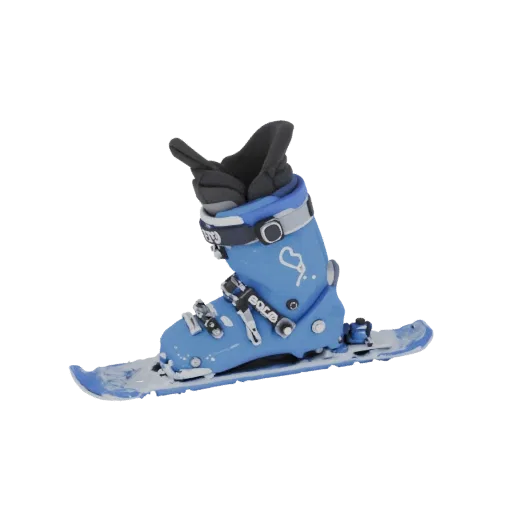 3D model of a blue kids ski boot with a mount on a mini ski, side view