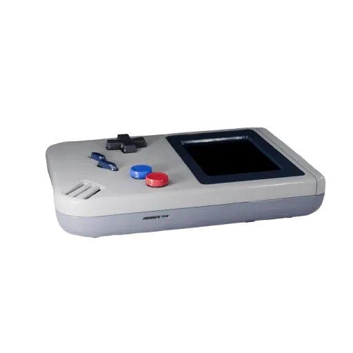 Retro Handheld Console 3D model, three-quarter front view, AR viewer studio render, showing matte plastic, form detail.