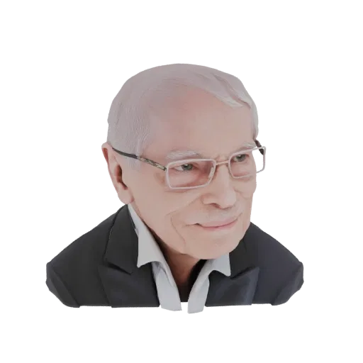 عرض ثلاثي الأبعاد لتمثال نصفي لرجل مسن، يتميز بشعر أبيض، ونظارات، وبدلة، على خلفية بيضاء.