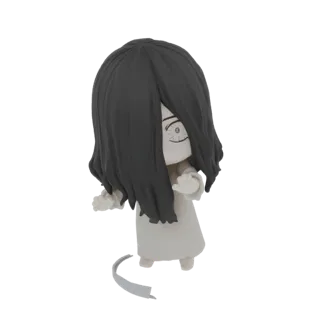 Ein 3D-Modell einer Chibi Sadako Yamamura mit langem schwarzen Haar, weißem Kleid und einem nachlaufenden Band, vor weißem Hi
