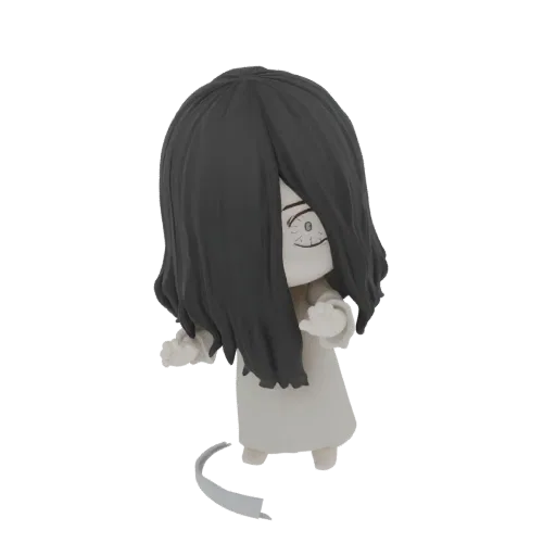 A 3D model of a chibi Sadako Yamamura, with long black hair, a white dress, and a trailing ribbon, against a white background