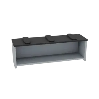 Modelo 3D de uma prateleira moderna de parede com superfície superior escura, interior cinza claro e três suportes integrados