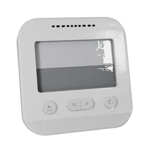 Minimal Smart Thermostat Low Poly 3D model, game viewport three-quarter view, showing white plastic, form detail.