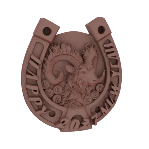 3D model of a horseshoe with a ram's head, Bitcoin symbols, and 'Happy New Year 2027' text, rendered in a bronze-like materia
