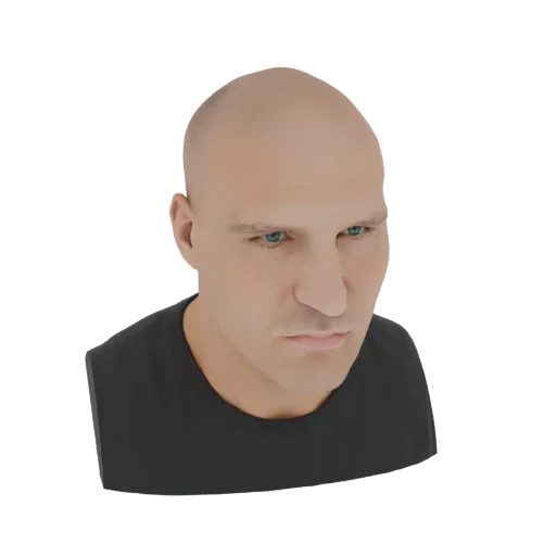 3D model render of a bald man's head and shoulders bust, with blue eyes and a neutral expression.