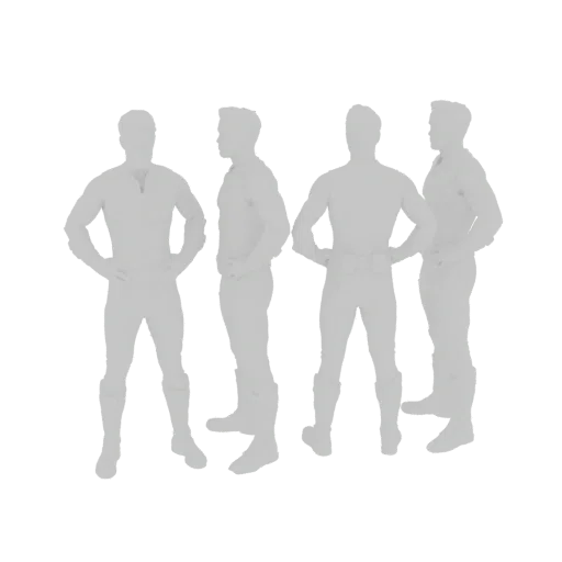 3D render of four stylized men standing side-by-side in a formation, with hands on hips.