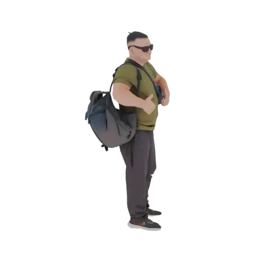 3D model of a man wearing sunglasses, a t-shirt, and pants, carrying a dark blue and grey duffle bag over his shoulder.