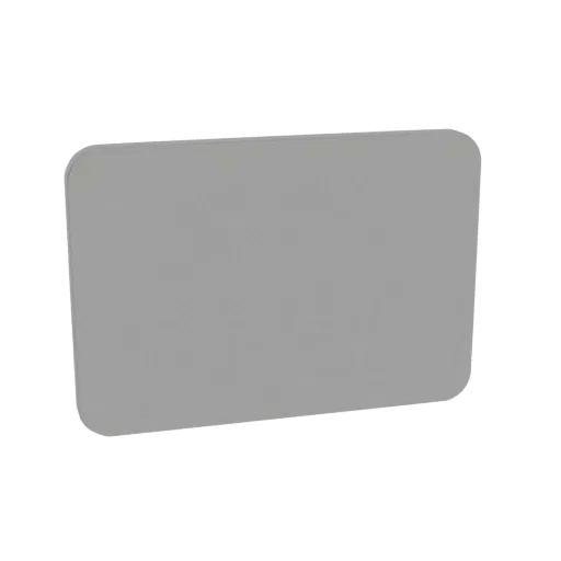 Una renderización 3D de un panel rectangular plano y gris con esquinas redondeadas, aislado sobre un fondo blanco.