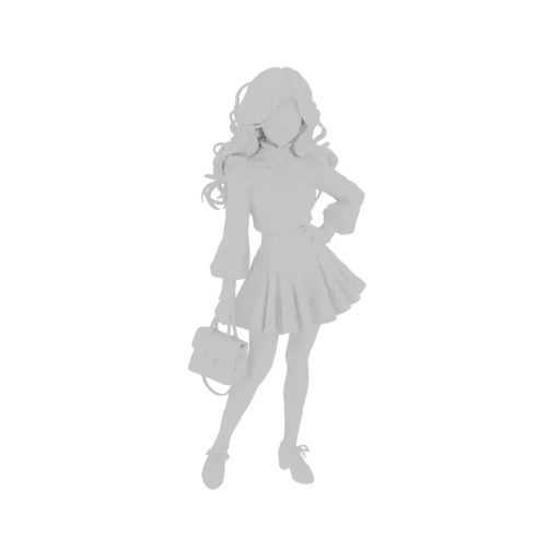 Un modèle 3D d'une femme stylisée en robe, posant avec un sac à main, rendu dans un style neutre et non texturé.
