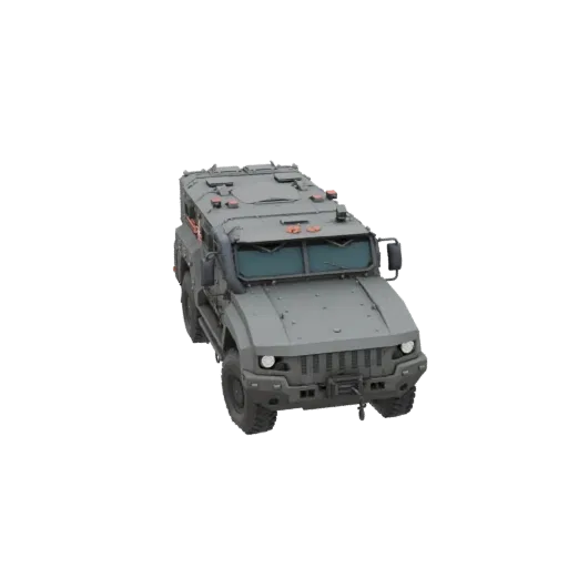 3D-Modell eines grauen gepanzerten Mannschaftstransporters mit Schnorchel, von vorne im Dreiviertelblick auf weißem Hintergru